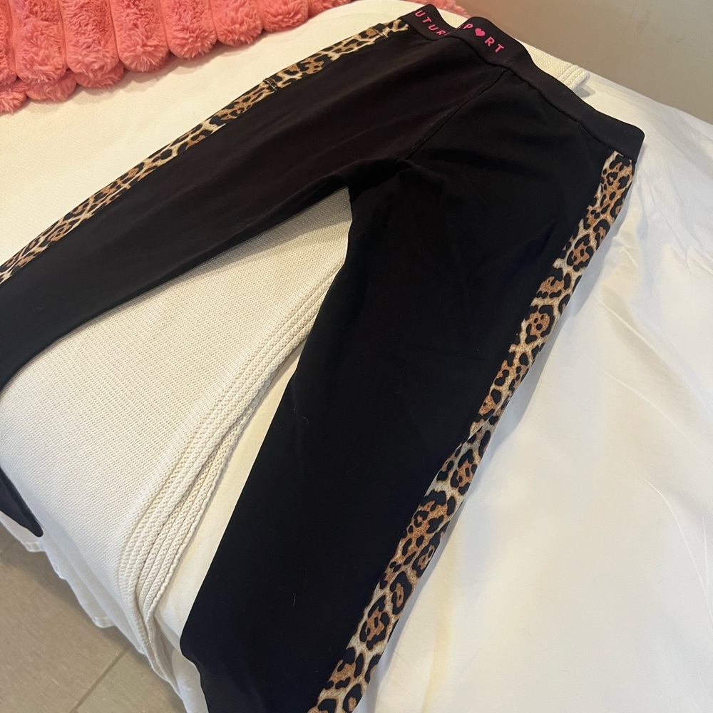 Juicy Couture Black Leggings with Pink Waistband and Leopard Trim